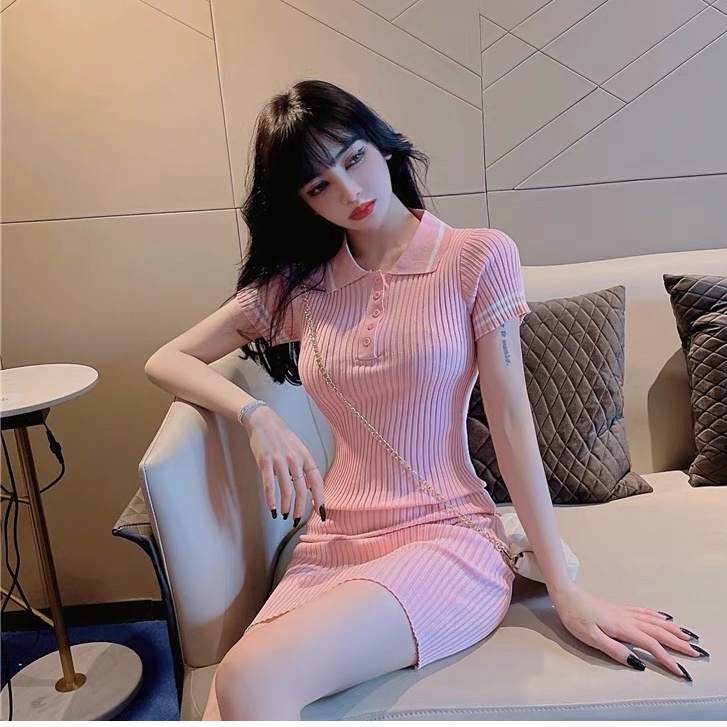 Váy polo body len dệt kim nữ dáng ôm tay ngắn kiểu cổ bẻ co dãn 4 chiều đầm thiết kế Quảng Châu cao cấp