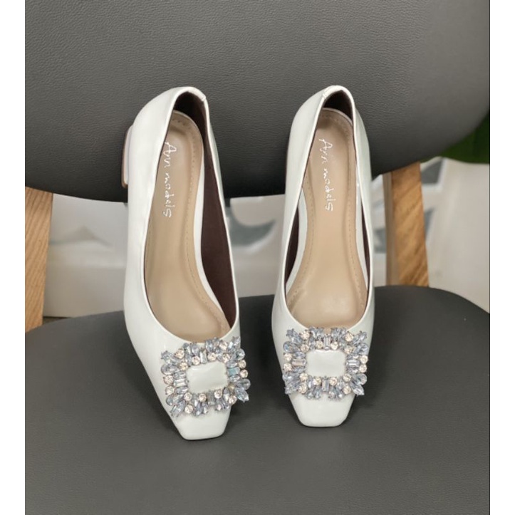 Giày cao gót mũi vuông gót trụ cao 3 phân gắn nơ đá