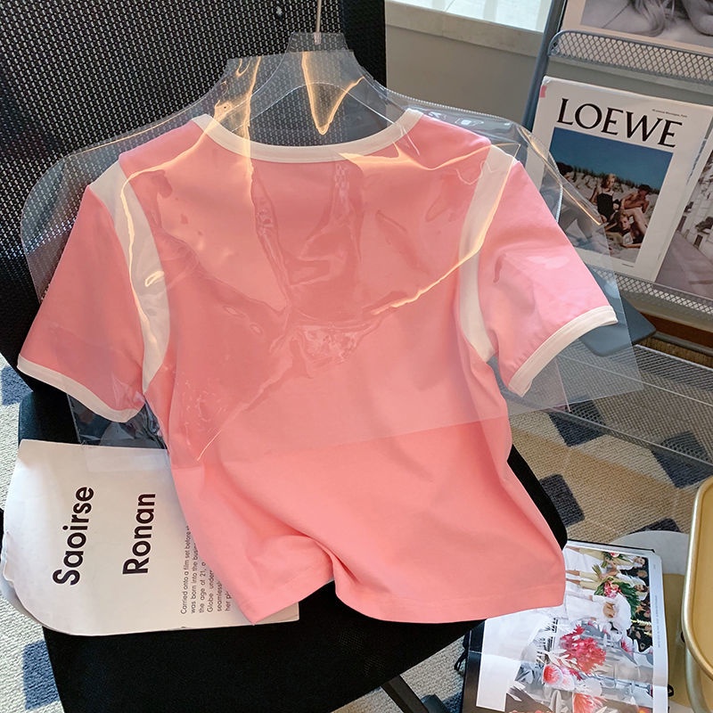 Áo Thun Nữ Ngắn Tay Phối Màu Sắc Tương Phản Phong Cách Hàn Quốc