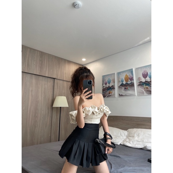 [HÀNG THIẾT KẾ CAO CẤP] Áo Trễ Vai Cổ Bèo Nhún Bánh Bèo Màu Be | BigBuy360 - bigbuy360.vn