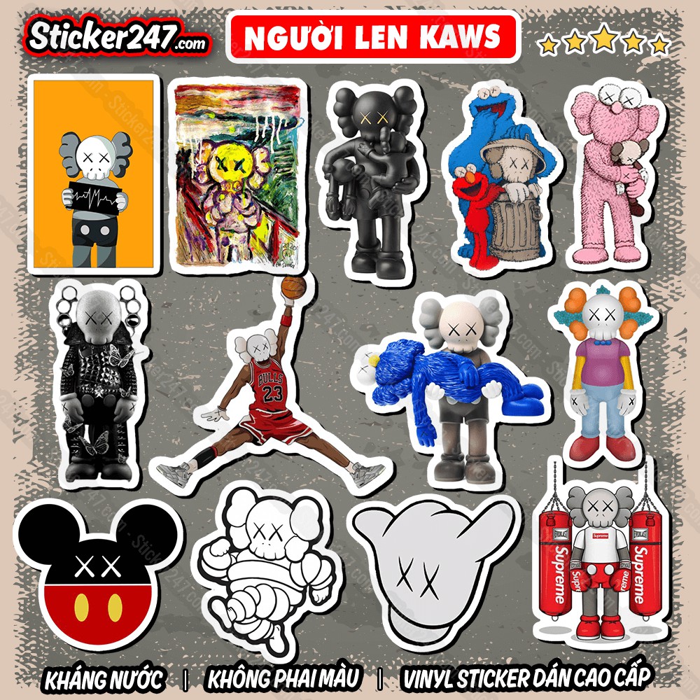 Sticker Người Len Kaws 𝑭𝒓𝒆𝒆𝒔𝒉𝒊𝒑 Decal Chống Thấm Nước, Sticker Dán Mũ Bảo Hiểm, Dán Vali, Laptop, Đàn Guitar