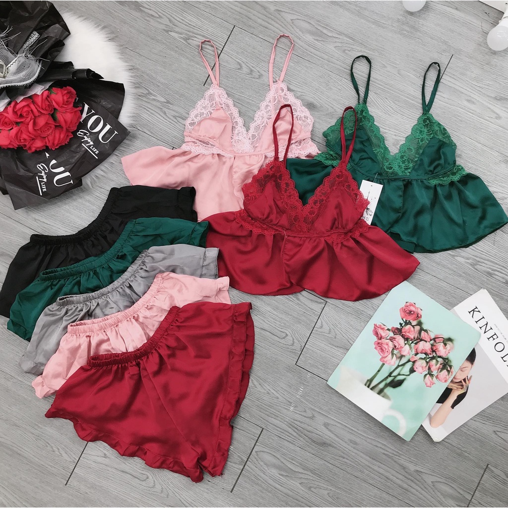 Bộ satin cho nữ mặc ngủ, hàng cao cấp, áo phối ren xẻ tà trước, hai dây cột nơ siêu quyến rũ, gợi cảm
