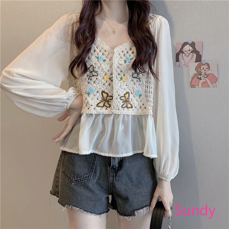 Áo Sơ Mi Chiffon Dệt Kim Dáng Rộng Thêu Hoạ Tiết Đơn Giản Thời Trang Mùa Thu Dành Cho Nữ