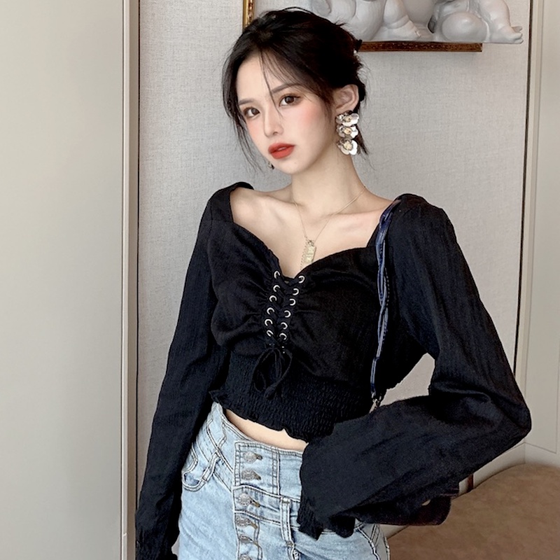 Áo Kiểu Tay Phồng Ngắn Cổ Vuông Hở Lưng Thời Trang Mùa Xuân Phong Cách Retro Mới Dành Cho Nữ