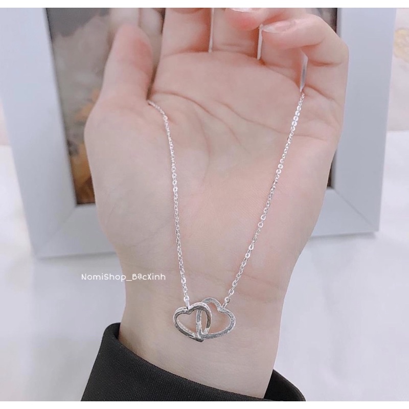 Dây Chuyền nữ Bạc ta, Dây liền mặt 2 trái tim lồng viền đá. Thời trang phong cách, quyến rũ lôi quấn- Nomi Shop Bạc Xinh