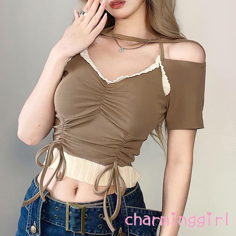 Áo Crop Top Tay Ngắn Trễ Vai Thiết Kế Độc Đáo Thời Trang Mùa Hè Quyến Rũ Cho Nữ