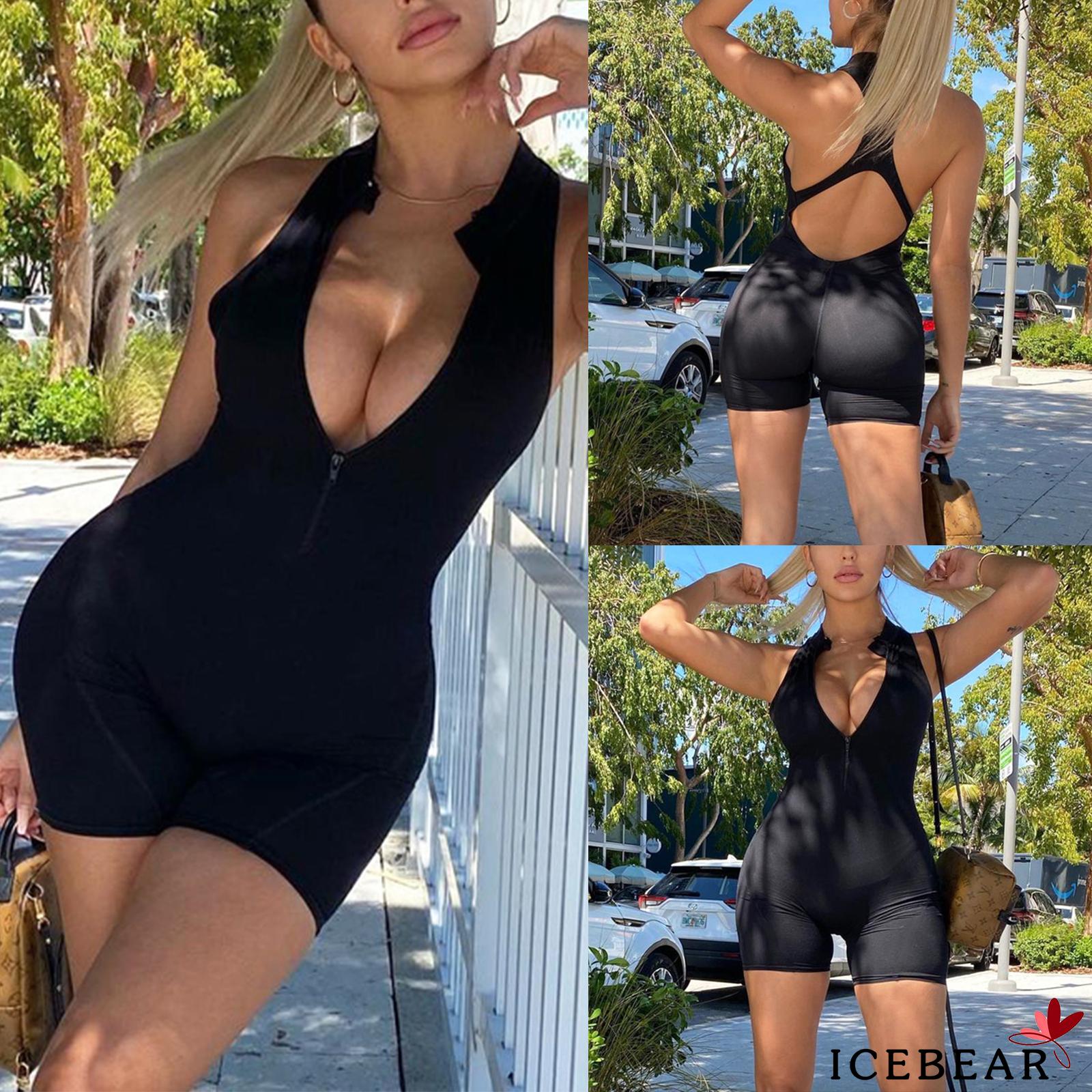 ICE-Women Summer Sports Romper, Adults Hollow Out Sleeveless Butt Lifting Solid Color Round Neck Zipper Playsuit