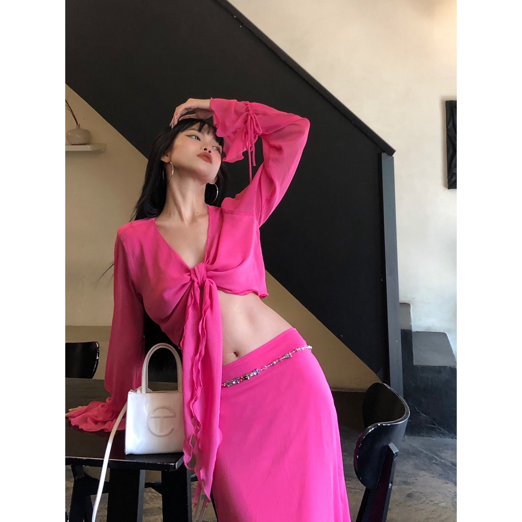 Hot Pink Set - Áo croptop tay dài chân váy dài voan - Thiết kế bởi IAMCOCO.OFFICIAL