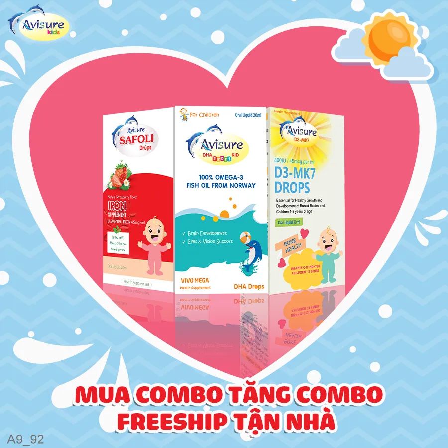 Bộ ba vi chất Avisure nhỏ giọt thiết yếu cho bé - Avisure DHA, sắt Safoli drop, vitamin D3-MK7 avisure