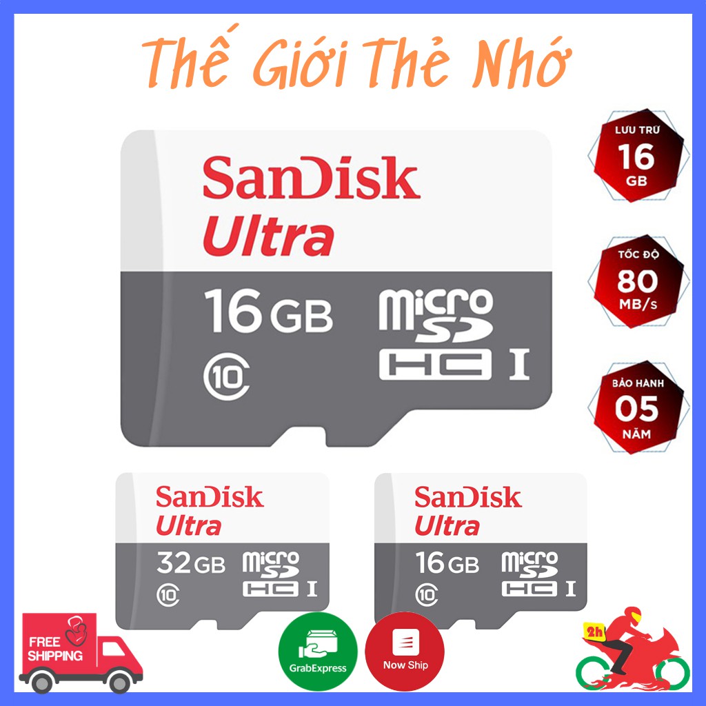 Thẻ nhớ microSDHC Sandisk Ultra 32GB /16GB tốc độ 80MB/s - Thẻ Sandisk chuyên camera | Bảo Hành 5 Năm
