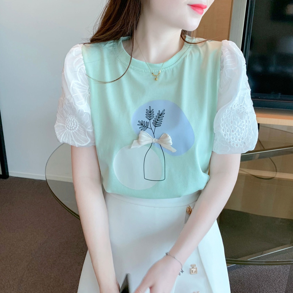 Áo Thun Cotton Tay Ngắn Dáng Rộng Phối Ren Hình Bướm Thời Trang Mùa Hè Cho Nữ V0OX