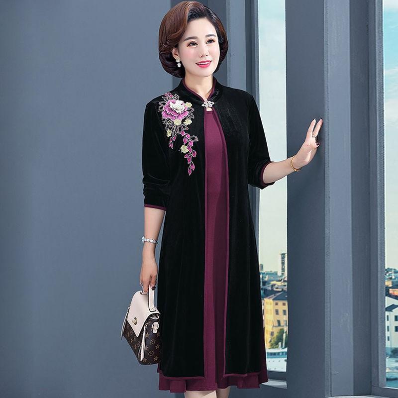 bộ vest nhung vàng cho phụ nữ trung niên và cao tuổi váy cưới mẹ phương tây