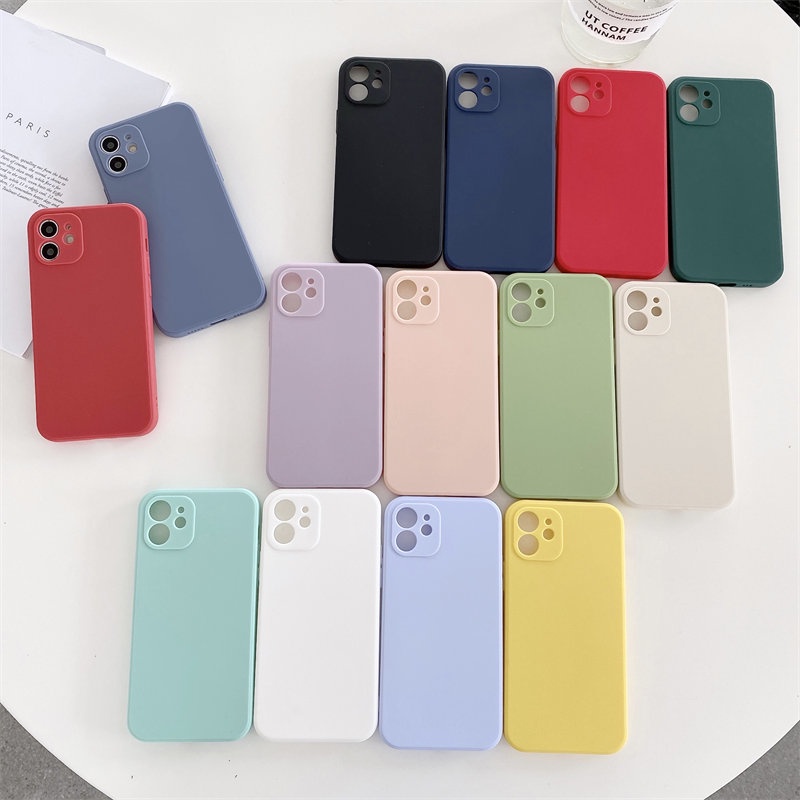 Ốp điện thoại silicon mềm dáng vuông màu trơn bảo vệ camera cho iPhone 14 13 12 Pro Max