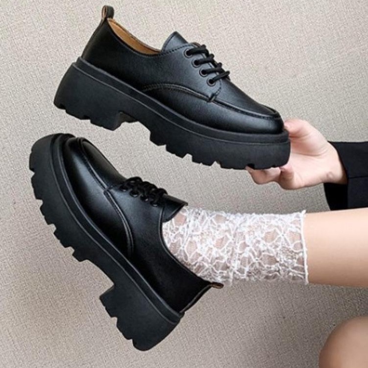 Giày NỮ, giày da cổ thấp đế độn giầy thời trang kiểu dáng basic chất liệu da PU đế cao su độn 4cm