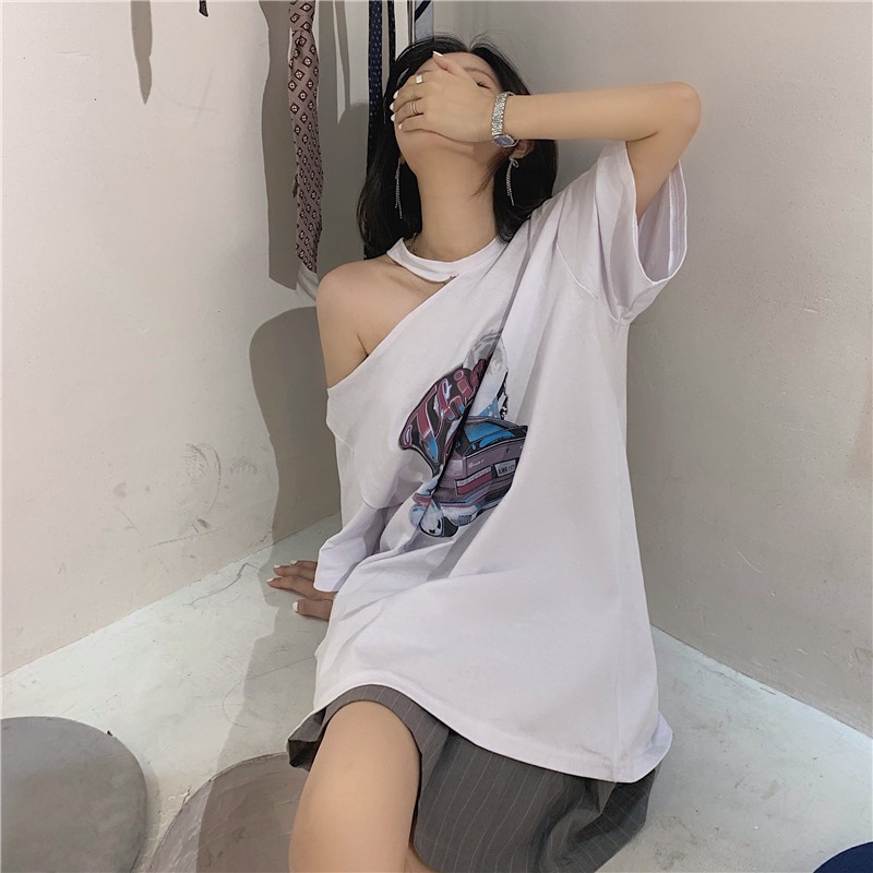 Áo thun tay ngắn trễ vai in hình thời trang Hàn Quốc cho nữ