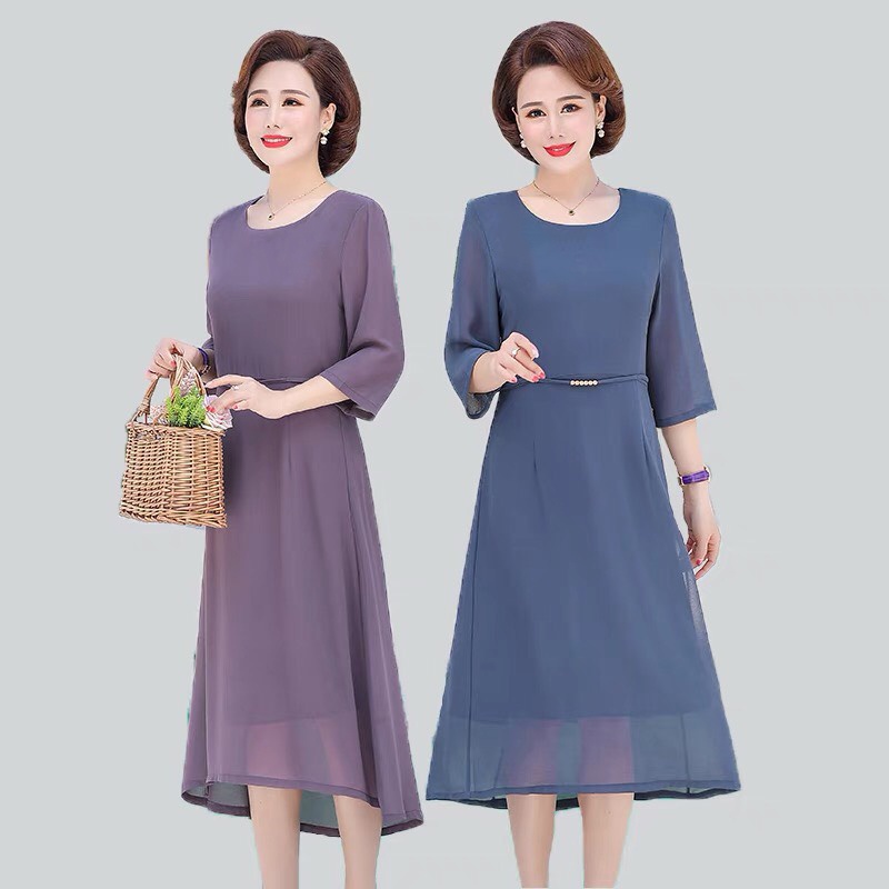 Đầm trung niên cho mẹ , chất lụa voan mịn, ngắn tay dài phủ gối , thoáng mát,sang trọng, quý phái mã số 01679