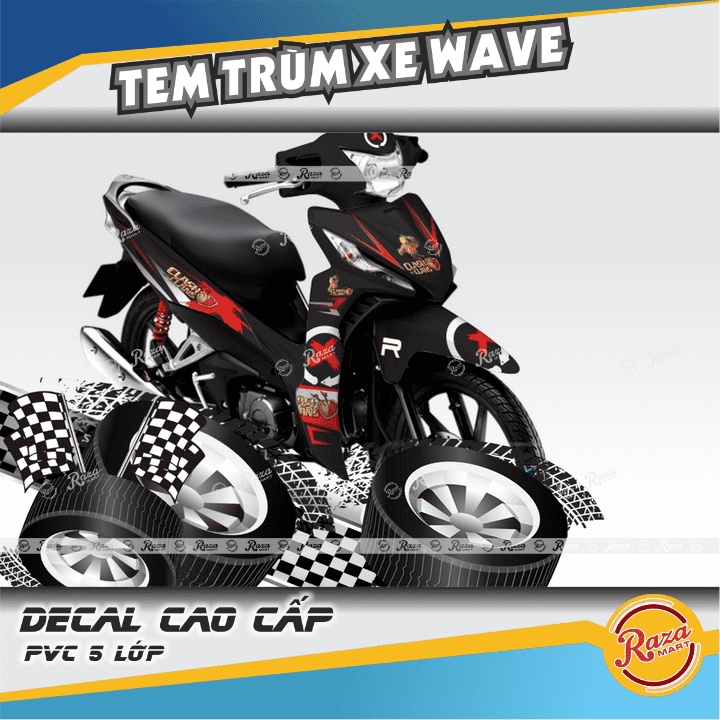 Tem Trùm xe WAVE RSX màu đen đỏ | Decal PVC 5 lớp cao cấp | Mã tem: WAV 492