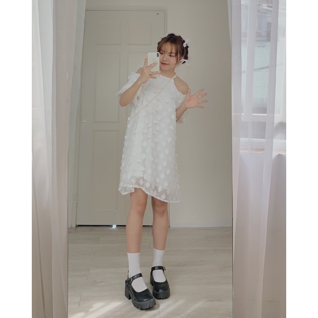 Đầm hở vai, váy babydoll trắng 093