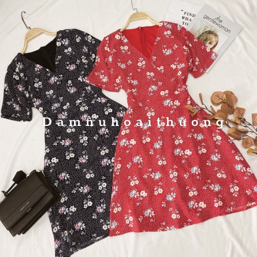 Đầm lụa hoa 2 lớp cổ V tay lỡ kiểu dáng vintage