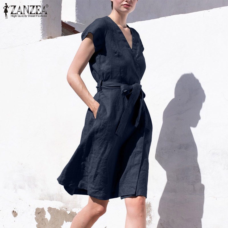 Zanzea Đầm Tay Ngắn Cổ Chữ V Phong Cách Châu Âu Thời Trang Cho Nữ