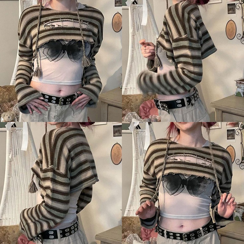 Áo Croptop Dệt Kim Tay Dài Dáng Rộng Chống Nắng Thời Trang Cho Nữ Sự Bảo Vệ