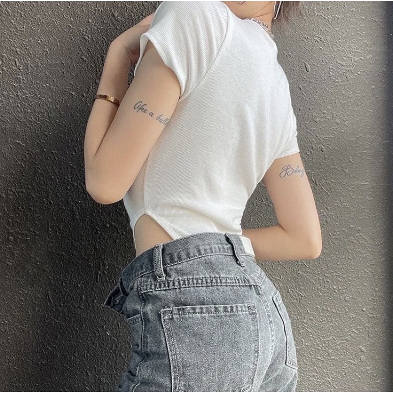 Bodysuit nữ khoét eo cao sexy, tay ngắn, cổ tròn, nút trước ngực, chất thun gân, áo liền thân ôm body | BigBuy360 - bigbuy360.vn