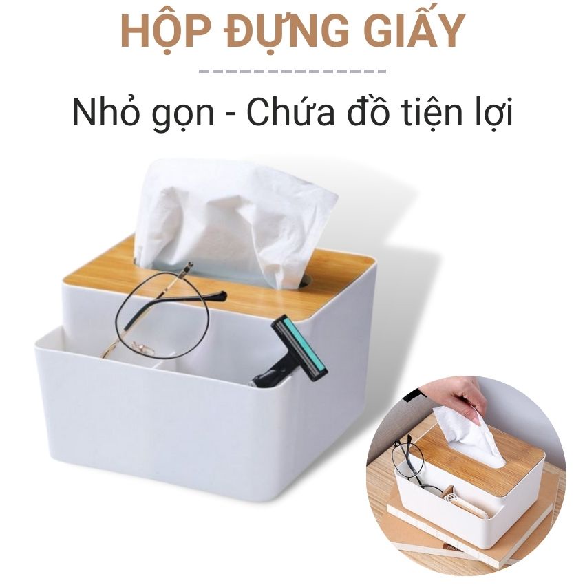 Hộp Đựng Khăn Giấy Nắp Gỗ Vân Tre Tích Hợp Khay Để Đồ Đa Năng Thiết Kế Hình Chữ Nhật Decor Bàn Sang Trọng Angola