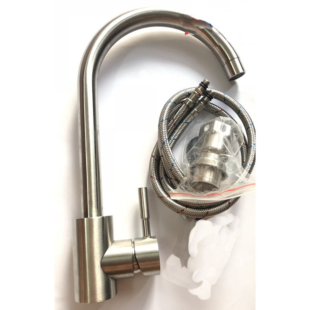 Vòi Rửa Chén Bát Nóng Lạnh INOX 304 V19 và 2 dây nóng lạnh dùng cho 2 hộc chậu cần cứng