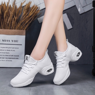 WOVO Giày khiêu vũ hiện đại của phụ nữ mềm đáy rỗng bay dệt giữa gót vuông giày khiêu vũ thể thao giản dị