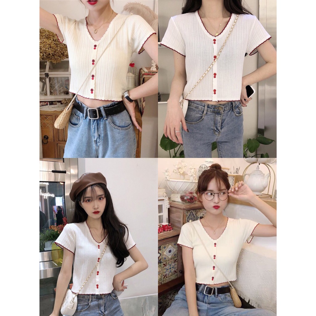 Áo len croptop cúc đôi