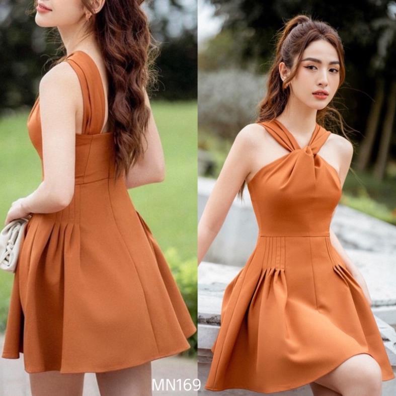 Đầm dáng ngắn xoè xoắn cổ yếm Cotton lạnh màu cam đất MINA trẻ trung đi chơi hẹn hò dạo phố dự tiệc MN169 IVY