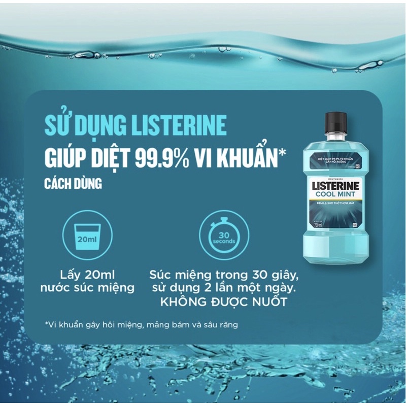 Nước súc miệng Listerine cool mint bạc hà thơm mát diệt sạch 99.9% vi khuẩn. Listerin nhập khẩu chính hãng