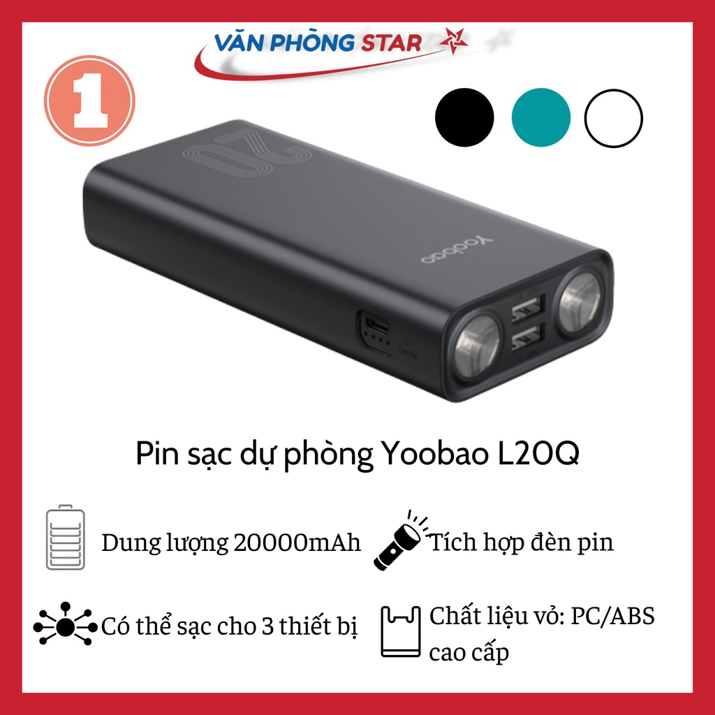 Pin sạc dự phòng Yoobao L20Q 20000mAh tích hợp 2 đèn LED siêu sáng - Hỗ trợ sạc nhanh