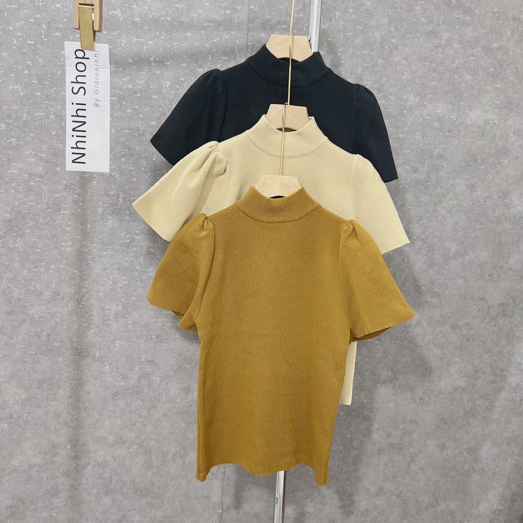 Áo len ngắn tay cổ tròn tay bồng, Áo len cổ cao cộc tay co giãn AL5129 - NhiNhiShop