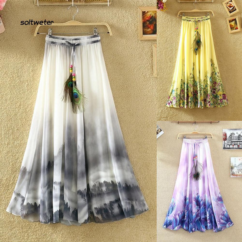 Chân váy dài dây rút họa tiết hoa phong cách Bohemian nữ tính