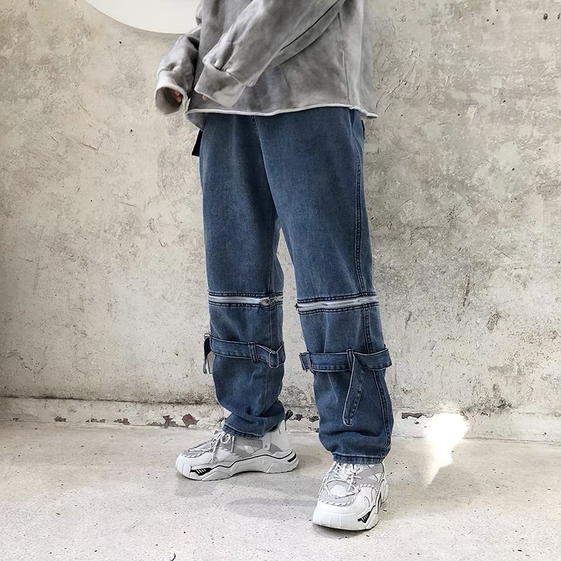 QUẦN BAGGY JEANS ỐNG RỘNG PHỐI ZIP KÉO UNISEX NAM NỮ (kèm hình chụp thật)