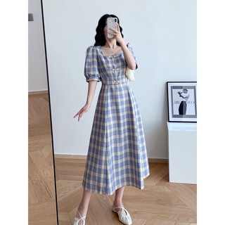(Oder)ĐẦM CÔNG CHÚA caro cổ vuông đầm dáng xòe