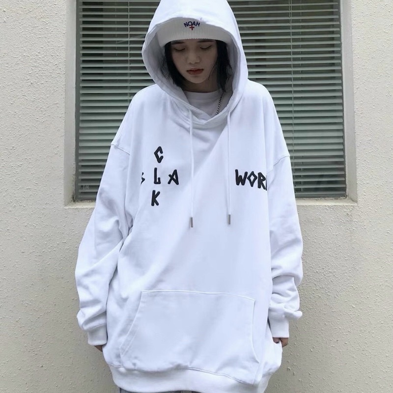 Áo Khoác Hoodie Nỉ Bông BLACK WORK màu TRẮNG/ĐEN  Nam nữ unisex/Áo hoodie có mũ form rộng Jaystoree