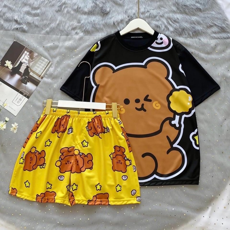 Đồ Bộ Hoạt Hình Set Cartoon Đùi GẤU NÂU ĐEN mặc nhà from rộng Unisex Freesize 38-70kg Nam nữ