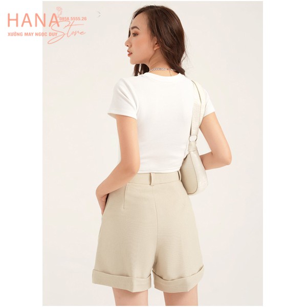 Quần short cạp cao nữ gập gấu đen trắng dáng quần đùi nữ mặc nhà cạp cao ống rộng có túi vải tuyết mưa dày mềm đi biển