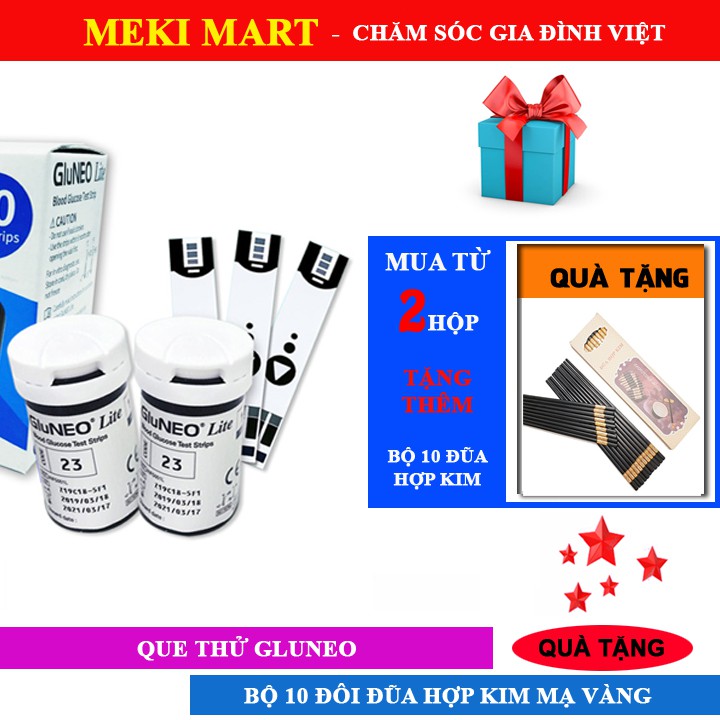 Hộp 25 Que thử đường huyết GluNeo lite + tặng 25 kim chích + mua 2 hộp tặng thêm bộ 10 đũa hợp kim