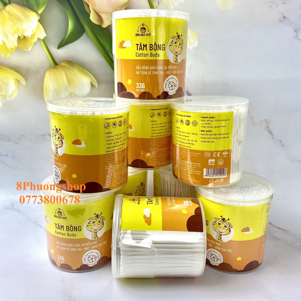 Tăm Bông 336 Que HỘP TRÒN XOAY Bông Bạch Tuyết Cotton Buds vệ sinh cho bé và người lớn