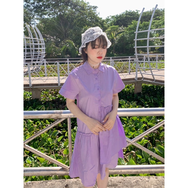 Đầm babydoll cổ polo tím tay ngắn
