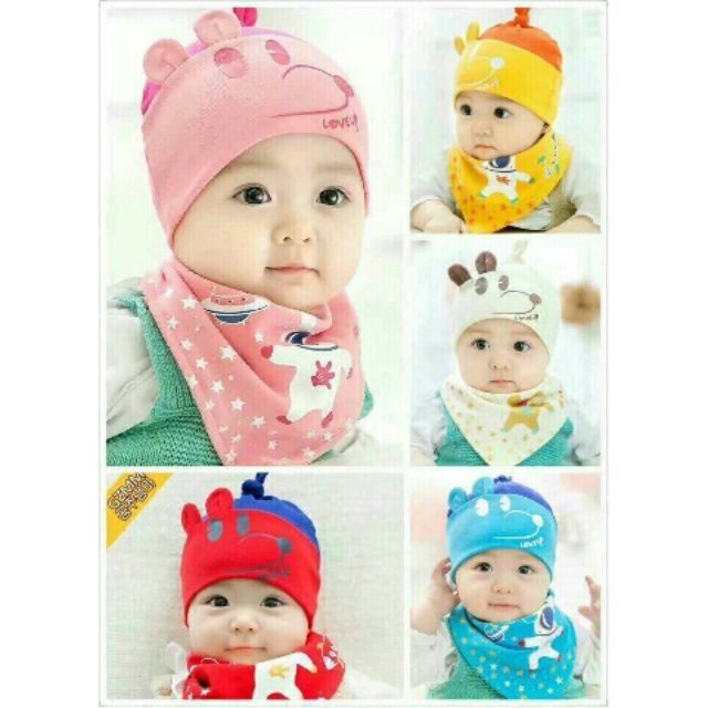 Sét mũ kèm khăn yếm cotton đáng yêu cho bé