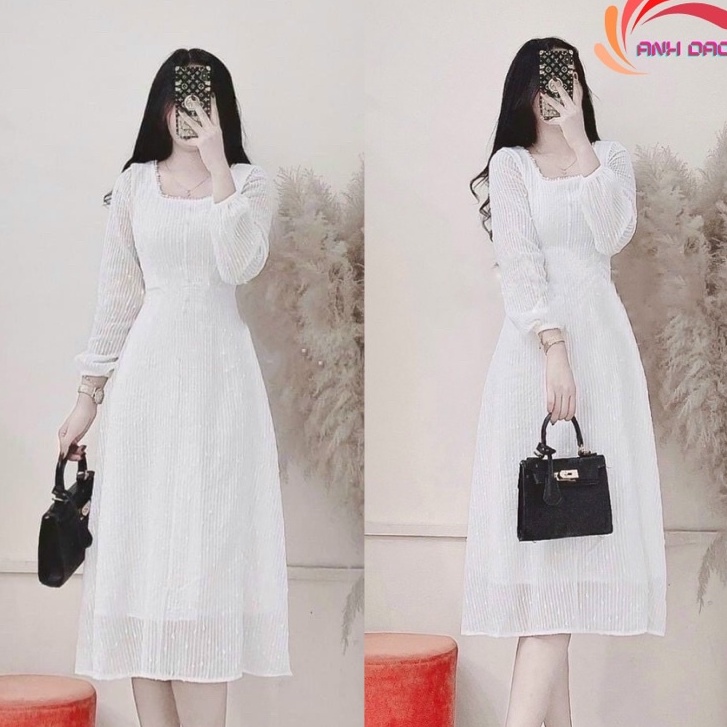 váy.thiết kế.đầm dự tiệc cổ vuông bo ống tay đính ngọc ngực.