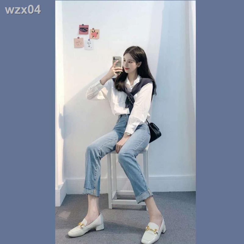Single Set Nữ Xuân Mới Áo sơ mi dài tay sang trọng Hàn Quốc Hyuna Style High- quần jean ống đứng thắt lưng