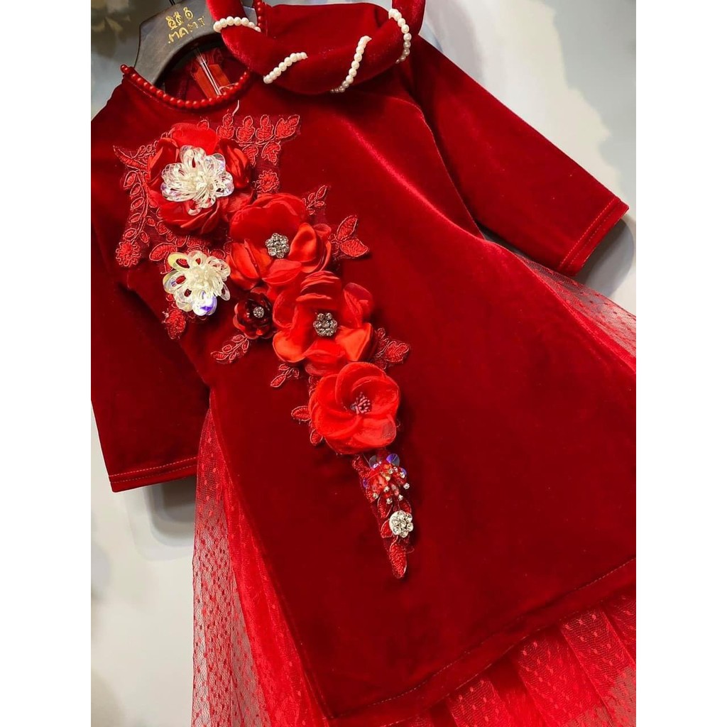 Áo dài cho bé mặc tết chất nhung thêu hoa thiết kế cao cấp đính đá cho bé gái QATE01