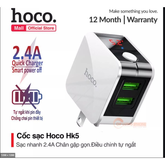 💎CHÍNH HÃNG💎 Củ Sạc Nhanh Tự Ngắt Khi Đầy Pin Hoco HK5, 2 Cổng USB 2.4A