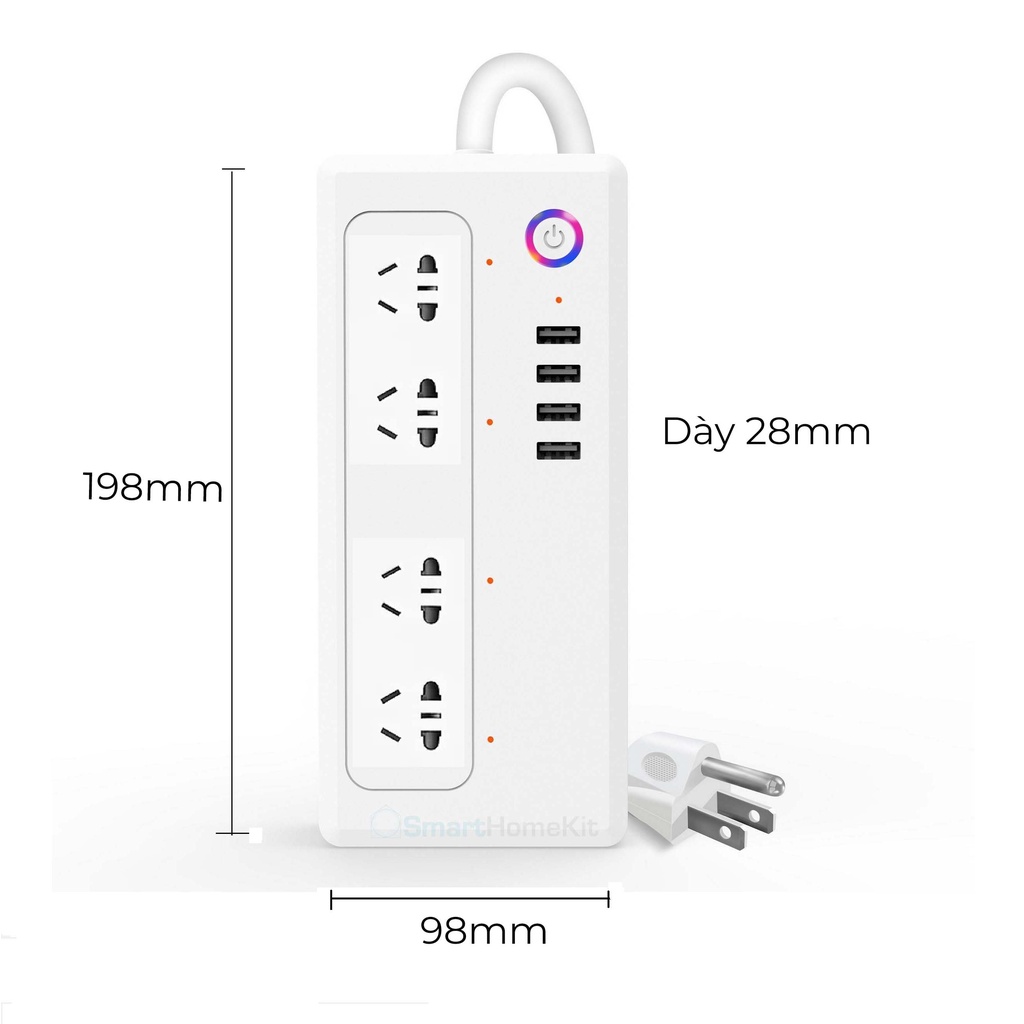 Ổ cắm nối dài thông minh Wifi Tuya - tắt bật 4 ổ độc lập, hỗ trợ Google và Alexa