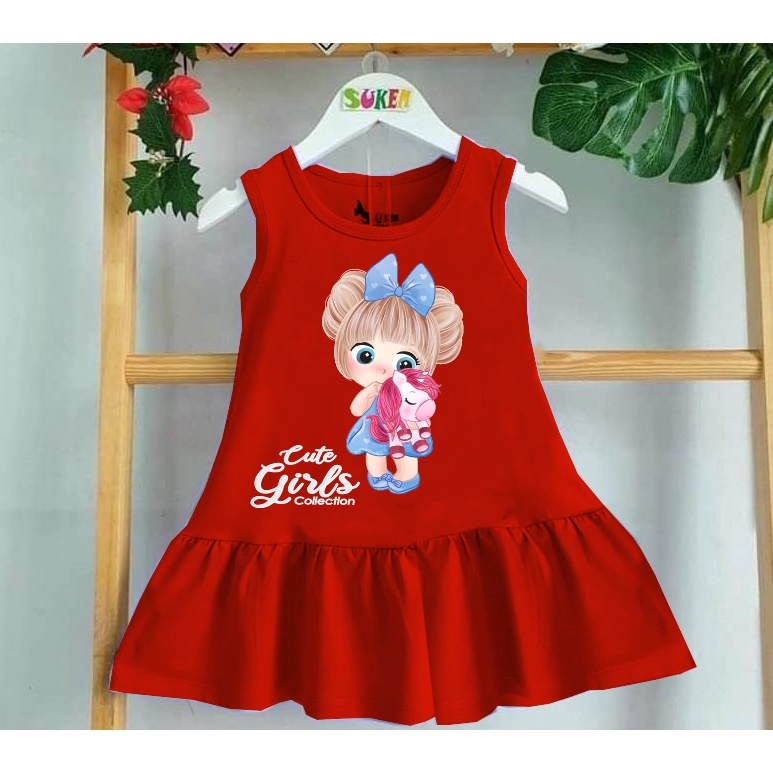 Đầm sát nách chất thun co giãn4 chiều in hình bé gái dễ thương cho bé từ 8kg đến 28kg